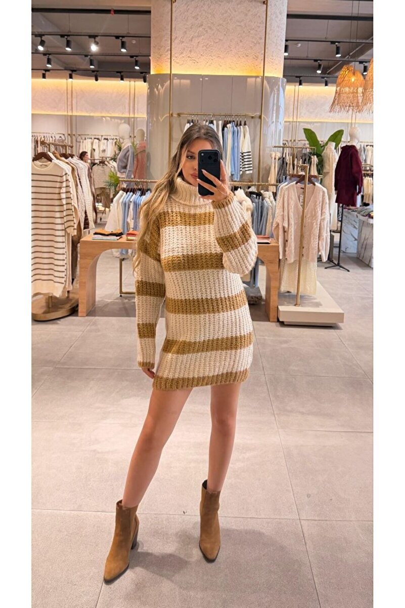 Latte Çizgili Balıkçı Yaka Triko Mini Elbise